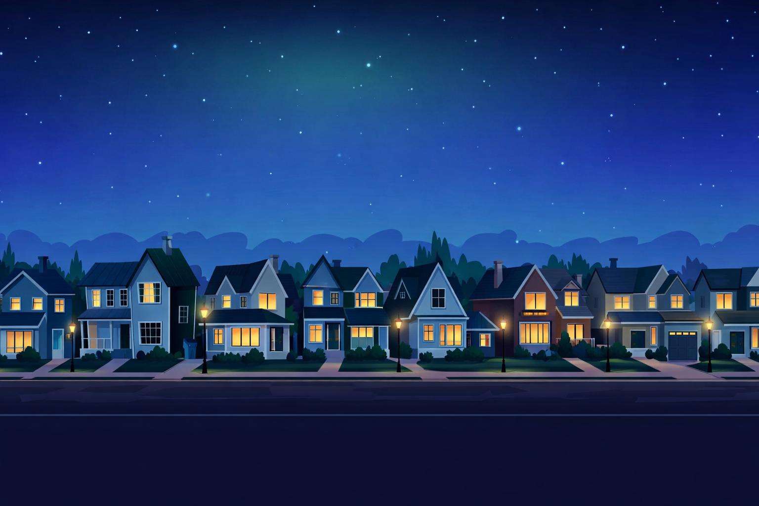Illustrated suburban street at night